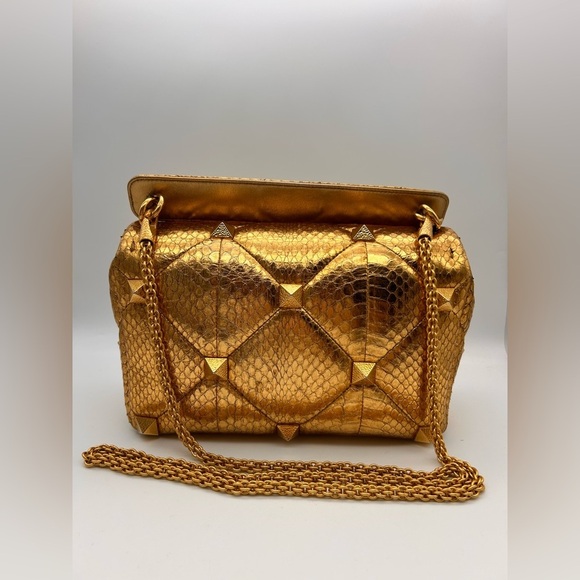 Valentino Roman Stud metallic gold python leather Bag Large Full Set - Picture 12 of 16